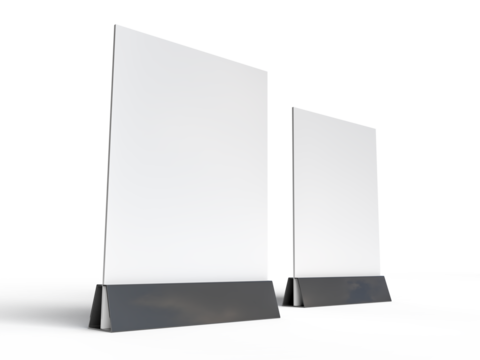 3D Realistic table stand, table tent mockup with metal base and white paper acrylic. Blank card holder display information for menu label, restaurant, cafe, banner, picture stand, sign holder, ads