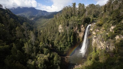 Fototapeta premium Majestic waterfall cascading down lush green cliffs, rainbow visible, mountains in background