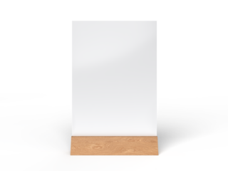 3D Realistic table stand, table tent mockup with wooden base and white paper acrylic. Blank card holder display information for menu label, restaurant, cafe, banner, picture stand, sign holder, ads