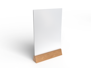 3D Realistic table stand, table tent mockup with wooden base and white paper acrylic. Blank card holder display information for menu label, restaurant, cafe, banner, picture stand, sign holder, ads