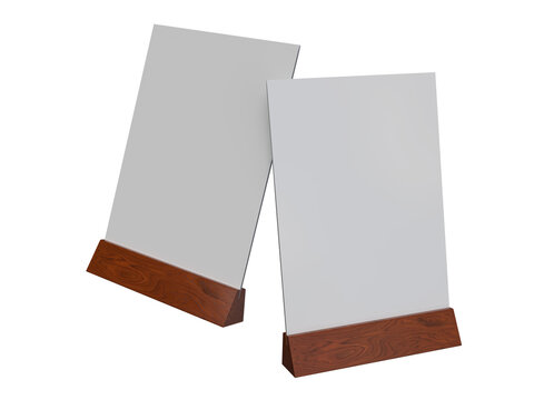 3D Realistic table stand, table tent mockup with wooden base and white paper acrylic. Blank card holder display information for menu label, restaurant, cafe, banner, picture stand, sign holder, ads