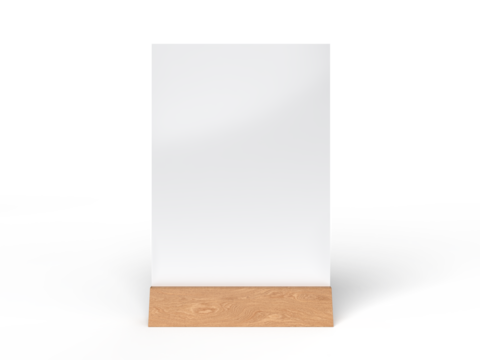 3D Realistic table stand, table tent mockup with wooden base and white paper acrylic. Blank card holder display information for menu label, restaurant, cafe, banner, picture stand, sign holder, ads