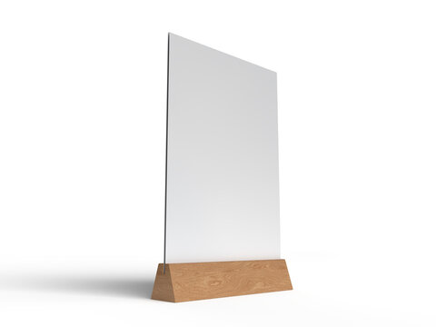 3D Realistic table stand, table tent mockup with wooden base and white paper acrylic. Blank card holder display information for menu label, restaurant, cafe, banner, picture stand, sign holder, ads