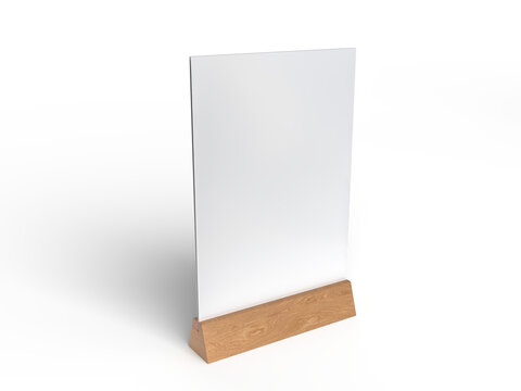3D Realistic table stand, table tent mockup with wooden base and white paper acrylic. Blank card holder display information for menu label, restaurant, cafe, banner, picture stand, sign holder, ads
