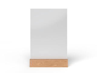 3D Realistic table stand, table tent mockup with wooden base and white paper acrylic. Blank card holder display information for menu label, restaurant, cafe, banner, picture stand, sign holder, ads