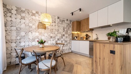 カフェ風タイル柄壁紙のダイニングキッチン