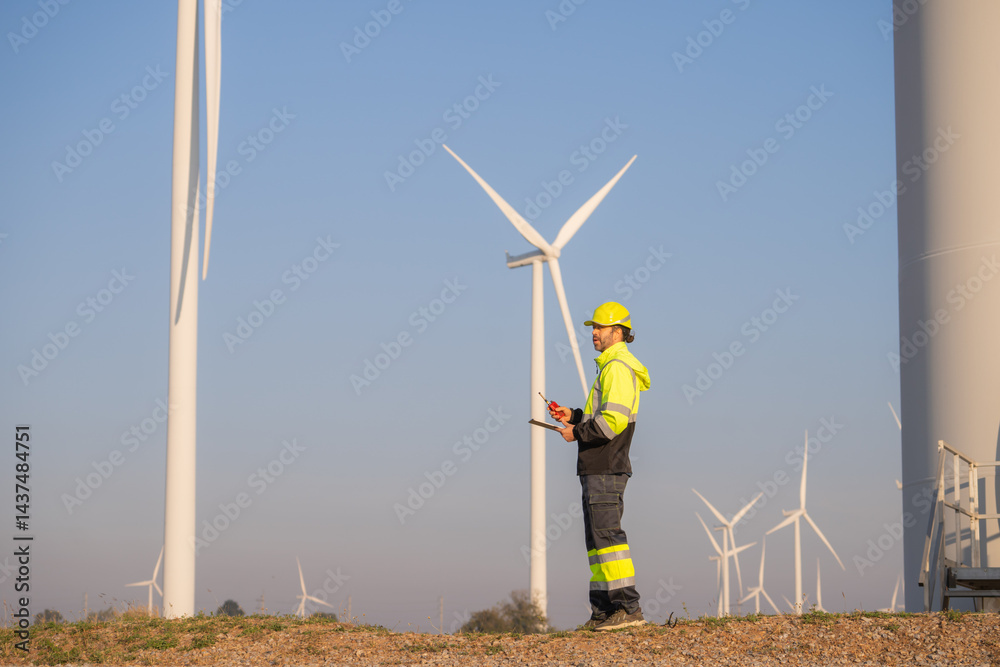 Aufkleber Engineer man working with tablet at windmill farm Generating electricity clean energy. Wind turbine farm generator by alternative green energy.