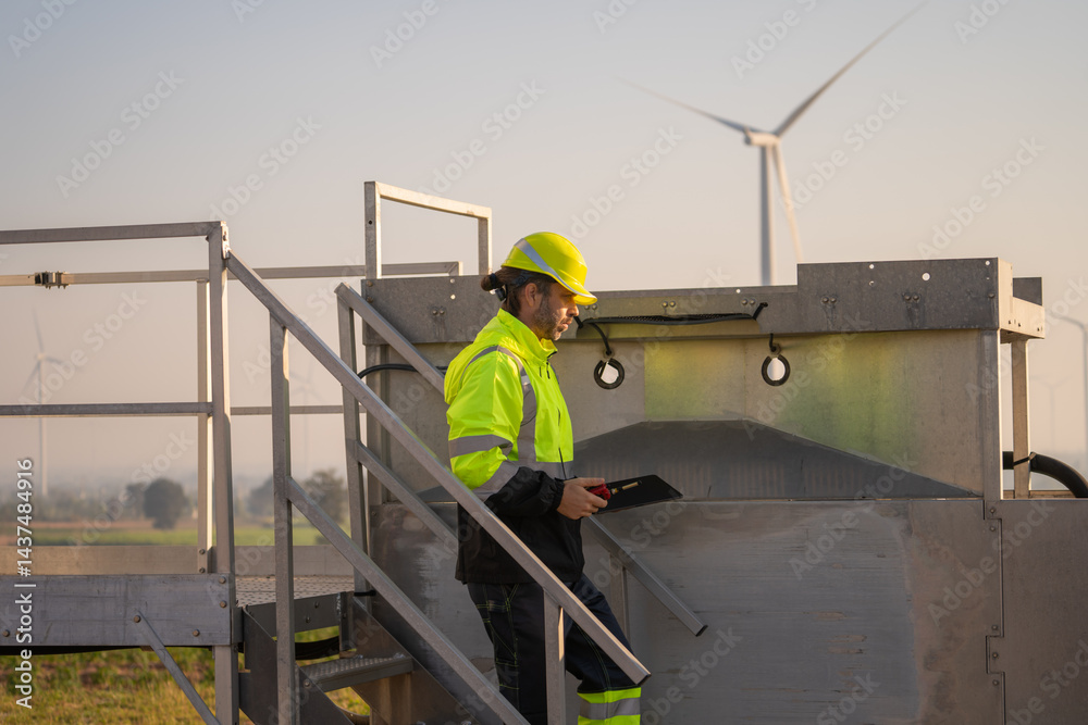 Poster Engineer man working with tablet at windmill farm Generating electricity clean energy. Wind turbine farm generator by alternative green energy.
