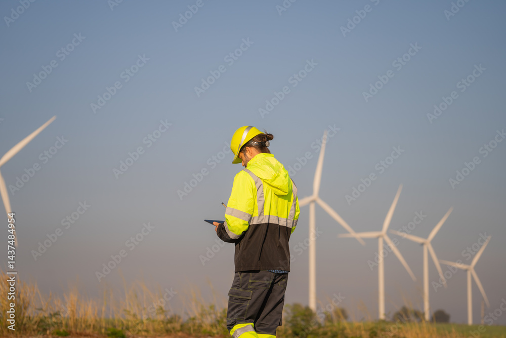 Aufkleber engineer man working with tablet at windmill farm generating electricity clean energy. wind turbine 
