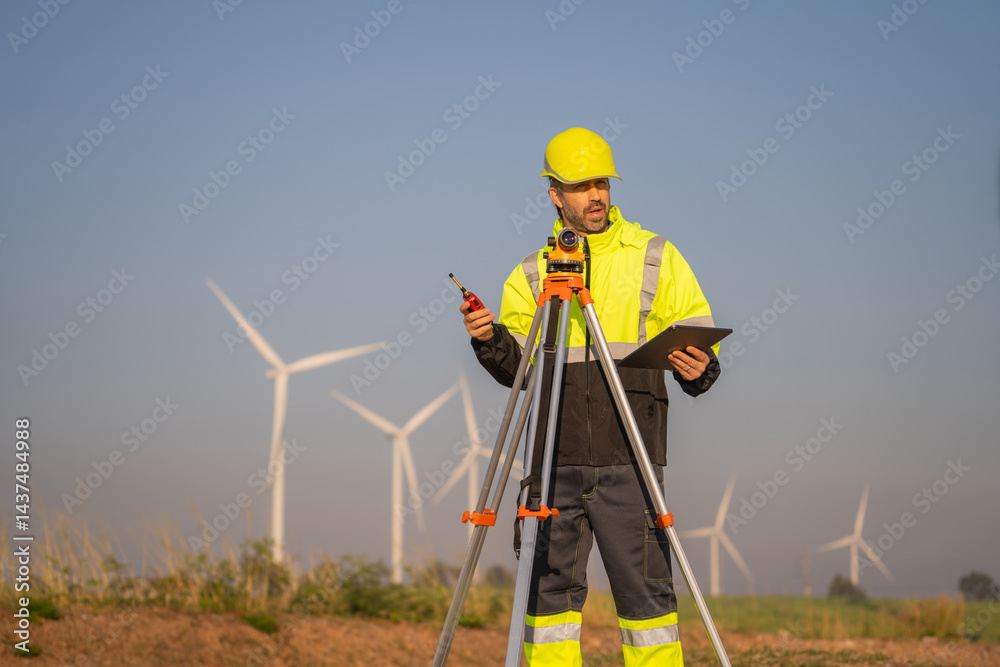 Poster engineer man working with tablet at windmill farm generating electricity clean energy. wind turbine 