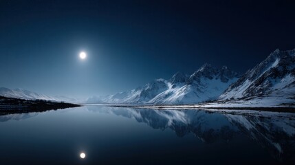 lake and snowy mountains at night under the moon