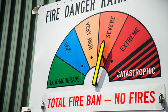 Total fire ban no fires and fire permits suspended sign on fire danger rating sign