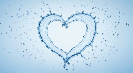 Water droplets forming a heart shape against a light blue background with tiny water splashes around