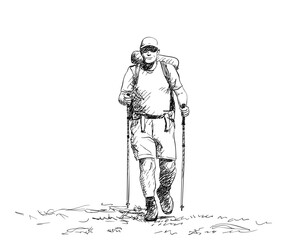 Hand-drawn vector illustration of a man hiking with trekking poles and a backpack. Outdoor adventure and active lifestyle theme. Black and white sketch style, isolated on white