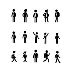 Simple Black Stick Figure Icons Depicting Different Poses and Actions of People on White Background