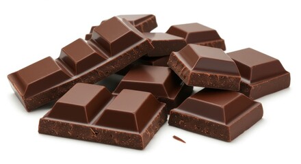 A close up shot of a pile of chocolate squares on a white surface in a studio setting with good lighting
