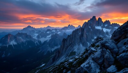 Obraz premium Dramatic Mountain Peaks Landscape with Fiery Sunset and Rocky Slope