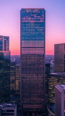 A stunning skyline view of a modern skyscraper at sunset. The colors of the sky blend harmoniously with the architecture. This towers over the cityscape. Generative AI