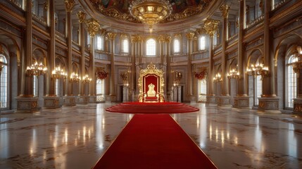 Obraz premium Opulent palace interior with red carpet and golden throne at center