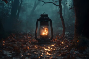 Halloween Night Scene with Burning Oil and Nightmare Concept
