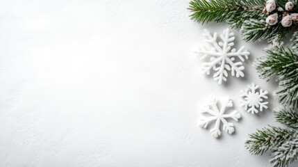 White snowflakes and frosty pine branches arranged on a clean white surface, minimalist winter holiday composition, and elegant and serene design.