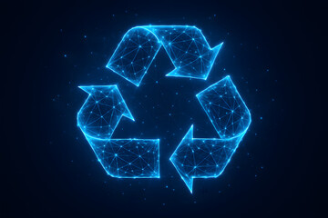 Recycling symbol: A captivating digital illustration showcases the iconic recycling symbol, illuminated with a vibrant blue glow against a dark backdrop.