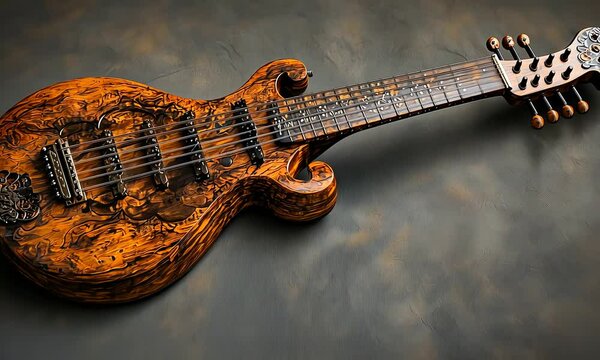 Ornate, handcrafted wooden guitar with intricate design.