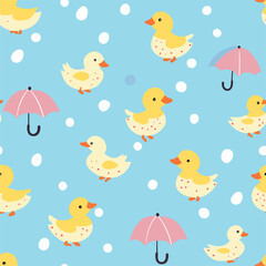 Seamless vector pattern with colorful cartoon birds and flowers for a fun spring design
