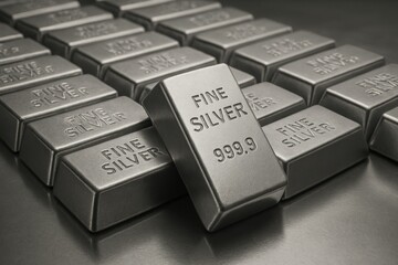 Stack of silver bullion bars on gray background