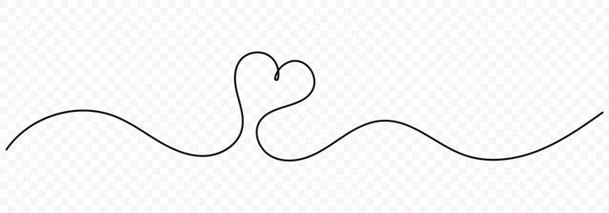 Heart line drawing ribbon in vector doodle sketch. Love line art decorative element, elegant, valentine banner design. Line scribble heart thread vector illustration.