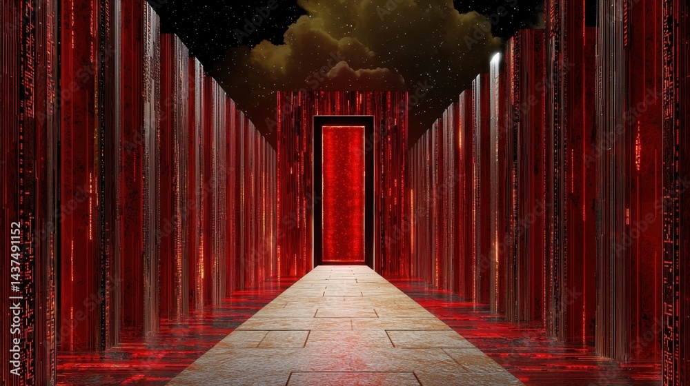Poster red data code flowing in matrix form, glitch aesthetic and abstract tech design