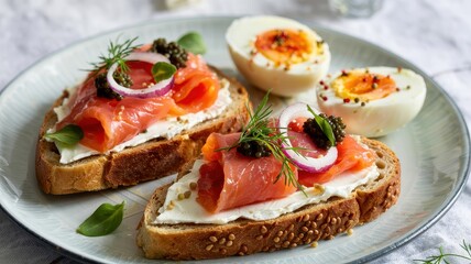Toasted rye with lox, cream cheese, dill, eggs on blue tabletop