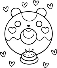 Bear Themed Donut Coloring Page, Surround the donut with honey pots, bees, and hearts. 