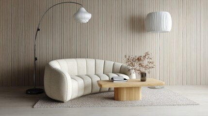 Minimalist Interior with Curved Sofa, Pleated Floor Lamp, and Modern Wooden Coffee Table
