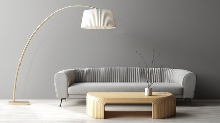 Minimalist Interior with Curved Sofa, Pleated Floor Lamp, and Modern Wooden Coffee Table
