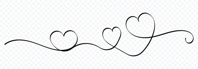Heart lines. Continuous line drawing of two hearts on transparent background. One line drawing heart. Hand drawn banner for valentine's day. Vector illustrator