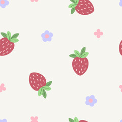 Cute cartoon colorful strawberry and flower seamless vector pattern. Doodle abstract fruit vector for wallpaper, textiles, fashion, backgrounds, stationery, wrapping, cards, and phone cases.