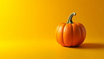 Bright Orange Pumpkin on Vibrant Yellow Background – Thanksgiving Theme with Ample Copy space for Text or Designs.