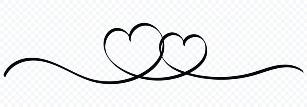 Heart lines. Continuous line drawing of two hearts on transparent background. One line drawing heart. Hand drawn banner for valentine's day. Vector illustrator