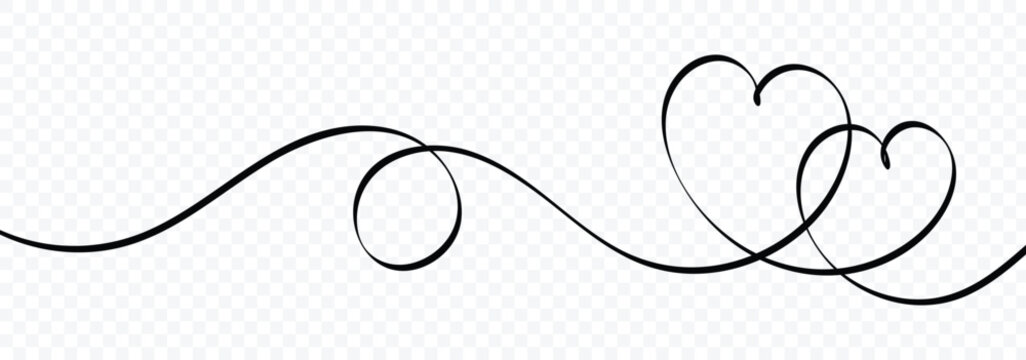 Heart lines. Continuous line drawing of two hearts on transparent background. One line drawing heart. Hand drawn banner for valentine's day. Vector illustrator