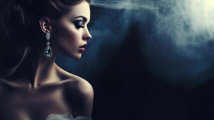 Profile portrait of elegant young woman with smoky eye makeup and diamond jewelry against dark smoky background