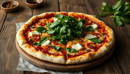 Delicious Margherita Pizza with Arugula on Wooden Board ai generated images ai generative
