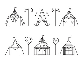 A vector illustration shows a red and white striped circus tent under an abstract sky with cartoon clouds, suggesting fun and entertainment at a carnival event