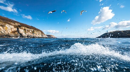 Water splashing in sea against sky  