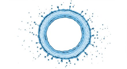 A circular water splash with droplets isolated on a white background in a studio shot view