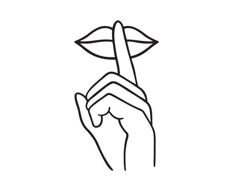 hand on lips symbol for do not disturb doodle hand drawn icon. Outline drawing request for silence or please do quiet, silence line clipart symbol