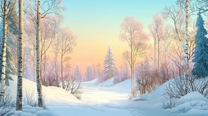 Obraz premium Soft light over snowy trees in winter forest, pastel-toned sky in background