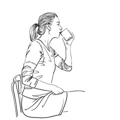 Hand-drawn vector illustration of a young woman with ponytail sitting sideways on a chair, drinking from a cup. Clean black and white line art without shading, capturing everyday coffee or tea moment