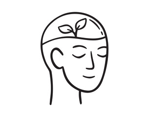 sprout growing inside brain man head doodle hand drawn icon. Outline drawing line clipart symbol sustainable eco thinking, creative idea development. 