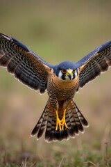 Obraz premium Peregrine falcon in flight grassy landscape